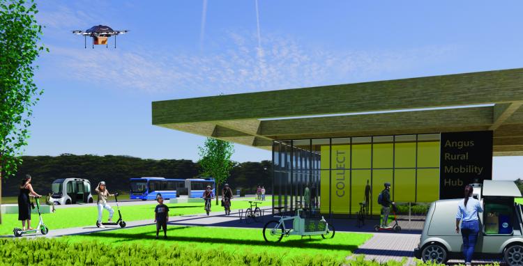 A visualisation of the outside of the Angus Rural Mobility Hub building, with a drone flying in the sky people on e-scooters, an electric bus and vehicles with people using the transportation facilities.