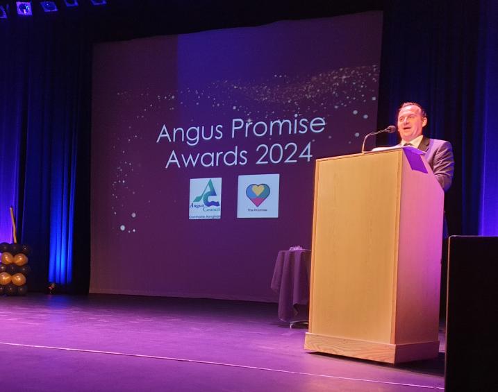 Stage at Angus Promise AWards with host Neil Lowden, Angus Council 