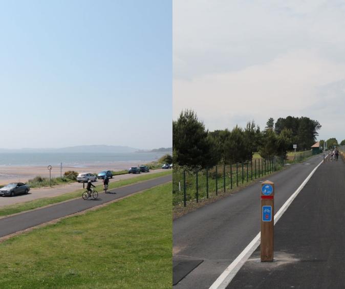 Photo comprising two images, one of Monifieth and Carnoustie, showing where new paths for cycling and walking have been laid