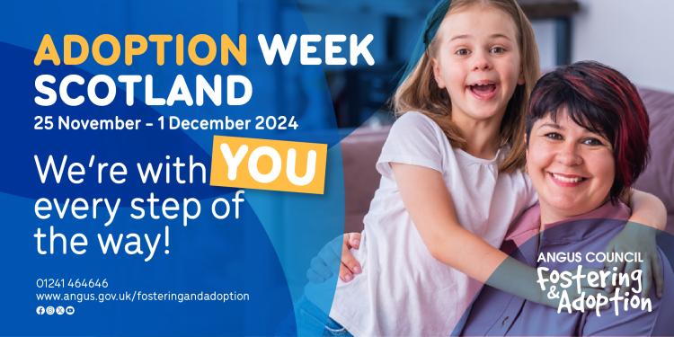 image of young girl and mum hugging and text adoption week scotland 2024