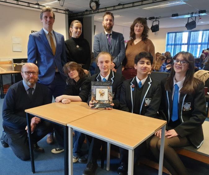 Back row: Craig Melia (teacher of Modern Studies), Alisha Dodds (Teacher of History), George Connor (teacher of English, Latin, Classical Studies), Miri Teixeira (co-founder of Working Classicists) Front row: Frankie Dal Rio (teacher of Science), Aiden Cattanach (S5), Ciaran Tolland (S5), Mehr-un-Nisa Syed (S5) and Ella Quinn (S5)